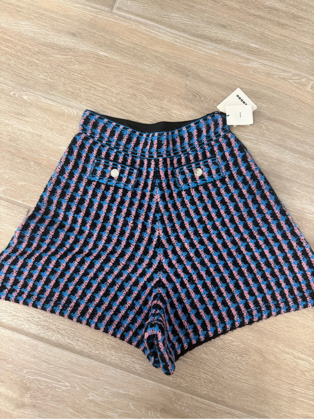 Sandro Blue & Pink Tweed High-Waist Shorts